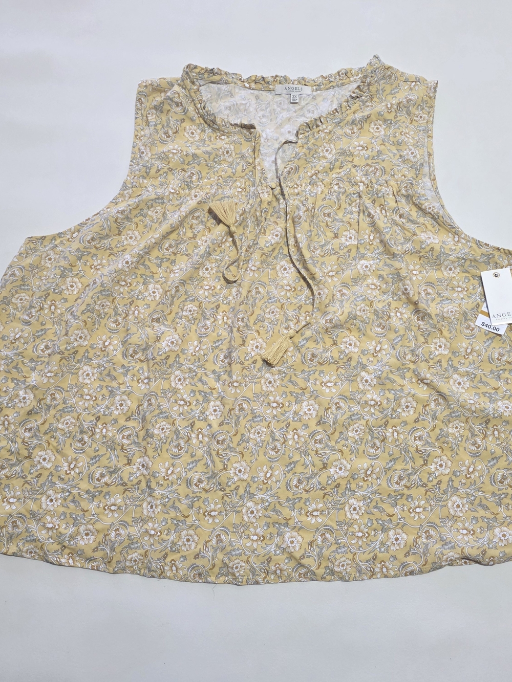 ANGELS Women's Sleeveless V-Neck Blouse Shirt Yellow/Gray Floral, size 3X.